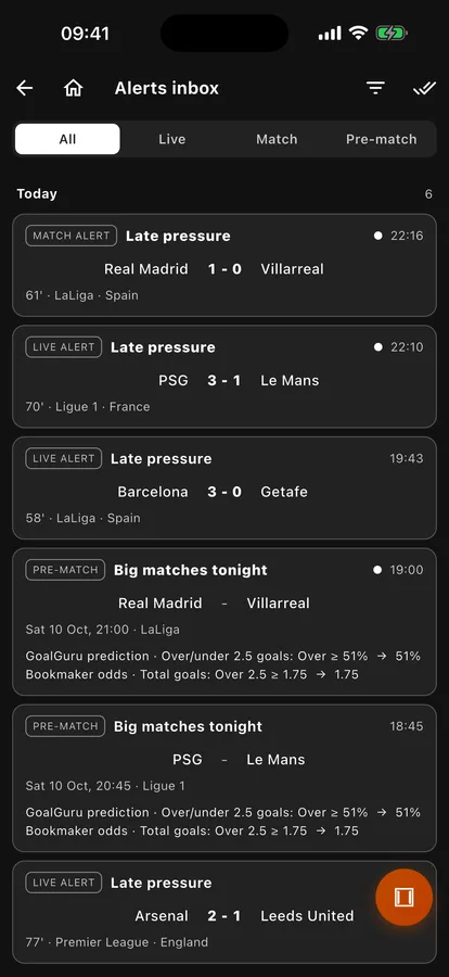 Alerts inbox with live, match and pre-match alerts and a filter by kind