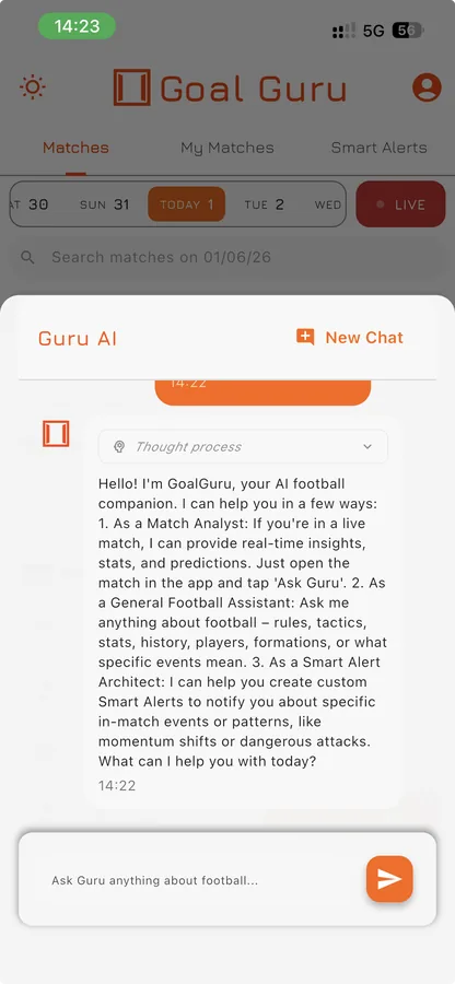 Ask Guru AI football chat interface in Goal Guru