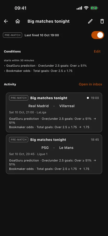 Pre-match alert listing the upcoming matches that fit its conditions