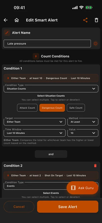 Goal Guru Smart Alerts configuration screen