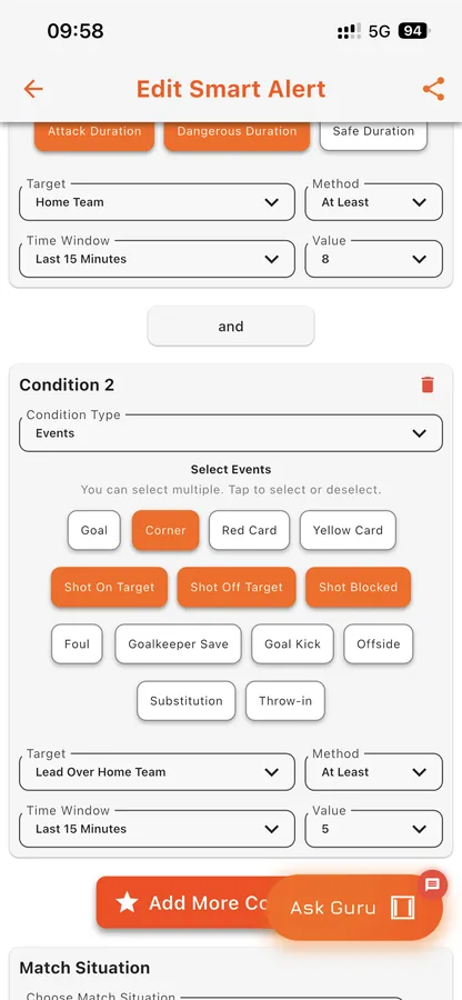 Goal Guru Smart Alerts configuration screen